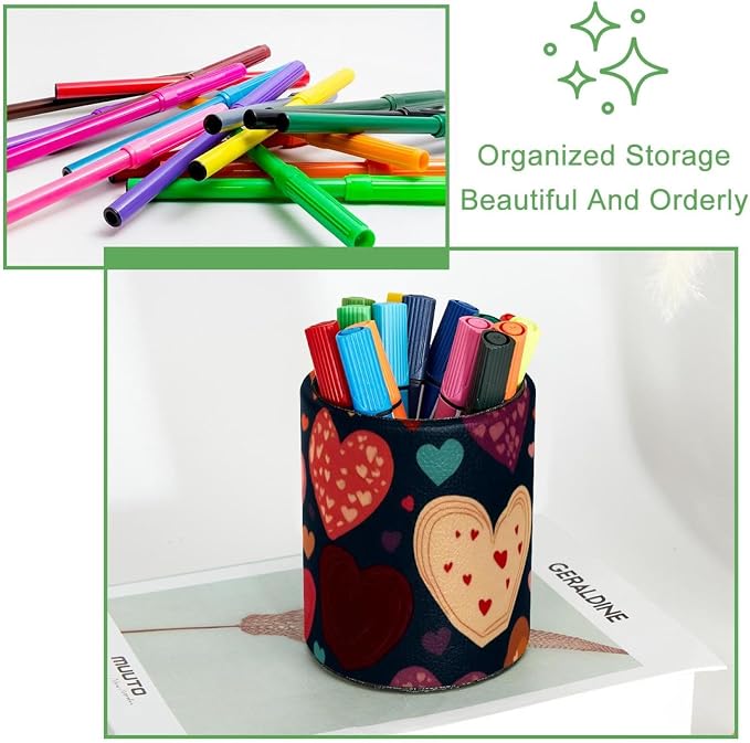 Seamless Hearts Pattern Pen Pencil Holder for Desk, Large Round Pen Pencil Cup, Decorative Desk Stationery Organizer for Home, Office, Classroom