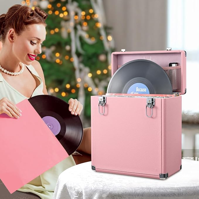 Hododou Vinyl Record Storage Box with Lock Record Organizer Storage for 30+ Single Records 12-inch Water Resistant Collapsible Storage Crate with Handle Mesh Pouch for Valuable Album Collection Pink