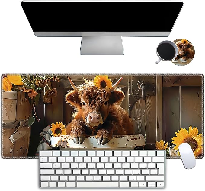 Mouse Pad Gaming Mousepad 31.5x11.8 Inch XXL Large + Coasters,Desk Mat with Stitched Edges, Non-Slip Rubber Base, Thick Mouse Pad for Computer, Laptop, Office & Home - Highland Cow Sunflower