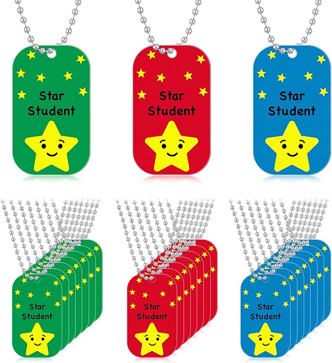 Landical 24 Pcs Student Incentives Metal Star Student Dog Tag with Chains Recognition Tag Necklaces Education Awards Prizes Bulk for School Classroom Reward Teacher Supplies