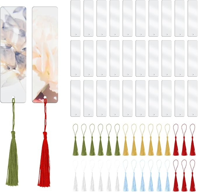 30 PCS Acrylic Bookmark Blanks, Clear Acrylic DIY Blank Bookmarks with 30 Multi-Color Bookmark Tassels for DIY and Graduation Gift Tag Decoration