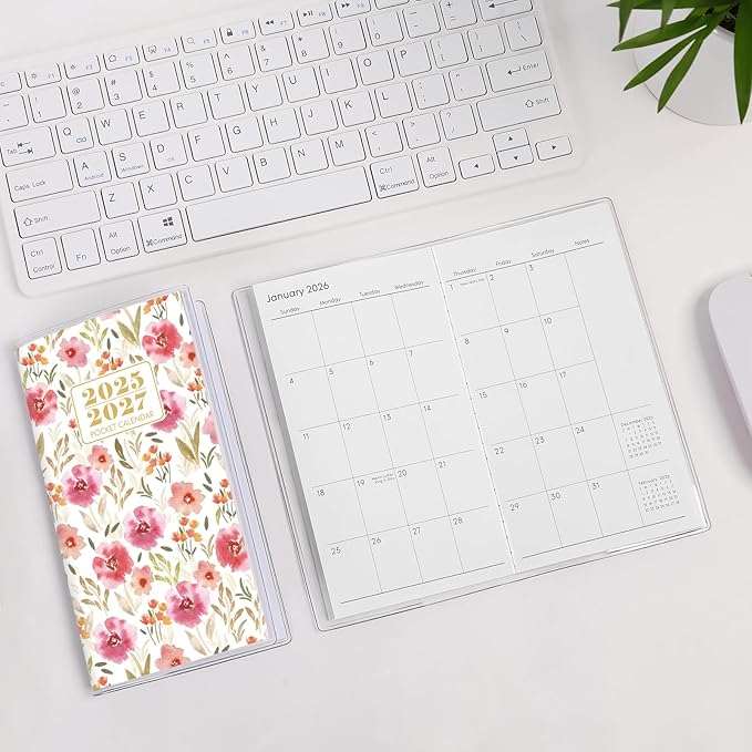 Pocket Calendar 2025-2027, Floral Pocket Calendar -3.7" x 6.7" - Runs from July 2025 until December 2027, Calendar Planner for Purse with PVC Cover for Planning, Organizing and Office