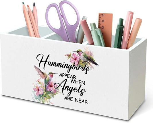 DILSJ Memorial Gifts Pen Pencil Holder Organizer for Desk, Sympathy Bereavement Gifts for Women, Hummingbird Floral Wooden Box Signs for Home Bedroom Office Desk Tabletop Decoration Supplies