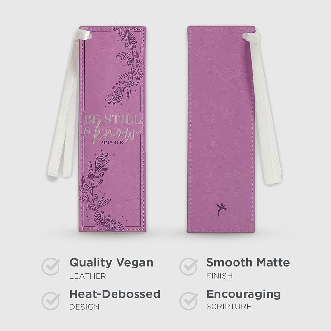 Christian Art Gifts Purple Faux Leather Purple Floral Bookmark for Women: Be Still and Know - Psalm 46:10 Inspirational Bible Verse, Heat-Debossed & Silver Foil Accents with Silky White Satin Ribbon