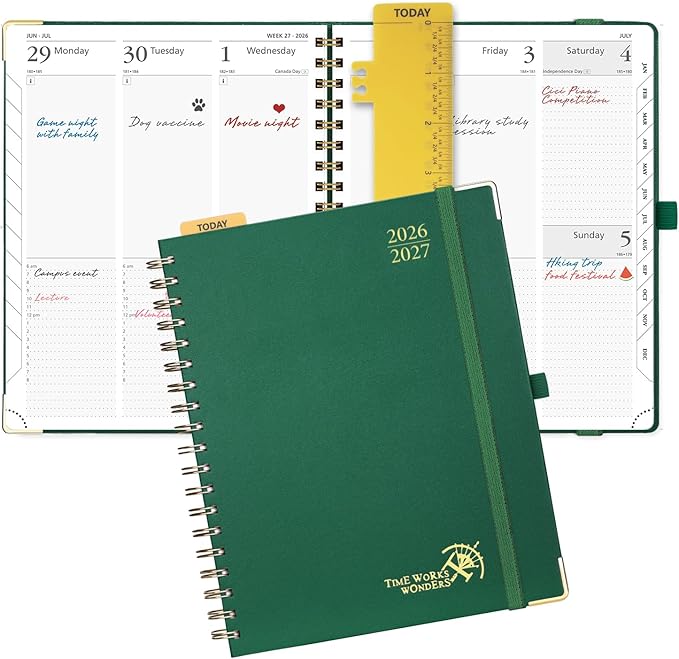 POPRUN 2026-2027 Academic Year Weekly and Monthly Planner Calendar,Jul 2026 - Jun 2027，10" x 8"， Daily Agenda Book & Appointment Book with Hourly Schedule, Tabs, Hardcover, School and Office Supplies - Dark Green