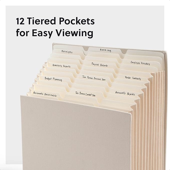 Smead Expanding 12-Pocket Stadium File, 12.75" x 13.75" x up to 11.75", Beige Natural Linen (70226)