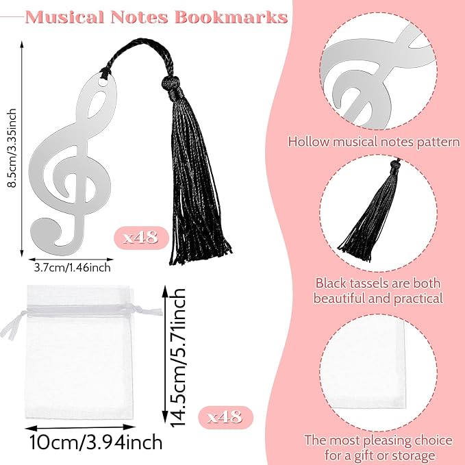Gueevin 48 Pcs Music Gift Note Bookmarks Music Themed Party Favors Metal Musical Bookmarks with Silk Tassels and Organza Bags Musical Gifts Bulk for Band, Choir Members