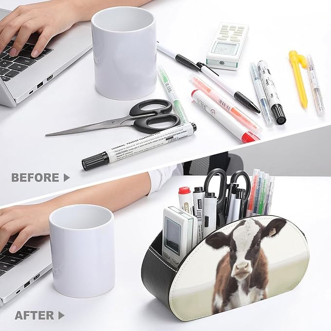 Baby Cow Remote Control Holder with 5 Compartments - PU Leather TV Remote Holder Remote Caddy Desktop Organizer Makeup Brush Holder, Remote Storage Box for Home Office