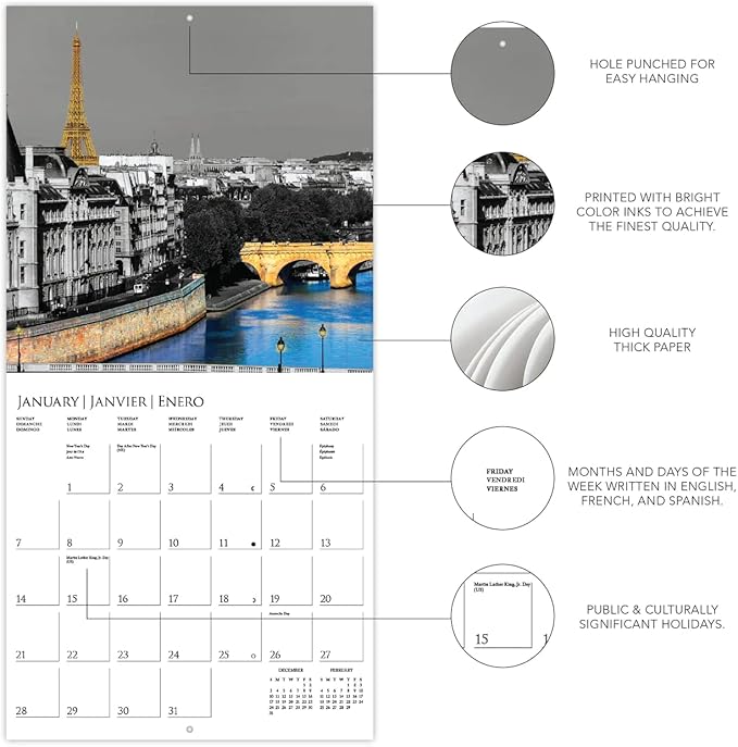 Graphique 2024 Paris Glitz Wall Calendar | 12” x 12” | Thick Paper | Home & Office Organizer | Large Monthly Grid | 3 Languages & Marked Holidays | 4 Month Preview Page for 2025