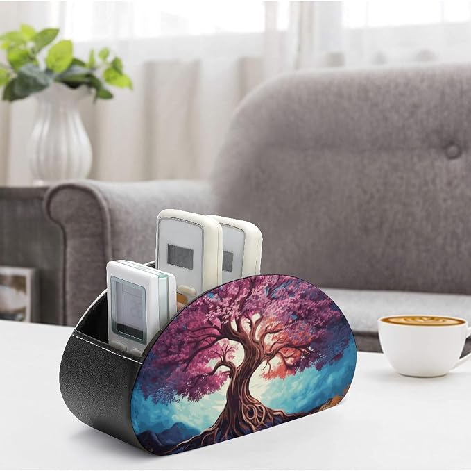 Color Tree Remote Control Holder TV Remote Caddy with 5 Compartments PU Leather Storage Box Stylish Desk Organizer for TV/DVD/Accessories Desk Office Supplies Home