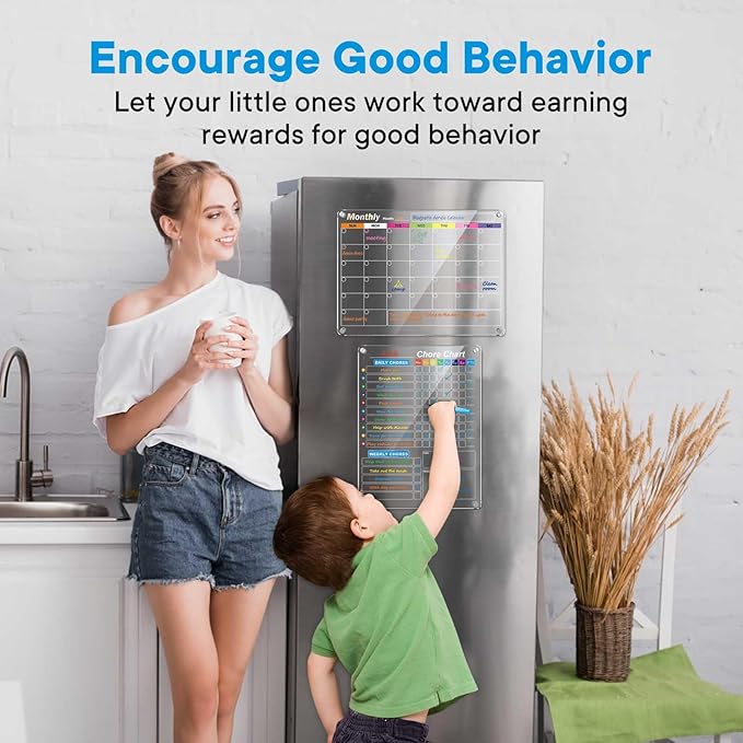 Clear Magnetic Acrylic Dry Erase Calendar for Fridge, Monthly & Weekly/Chore Chart Planning Board Set for Kids/Adults/Teens, Includes 7 Colorful Markers, 16"x12"