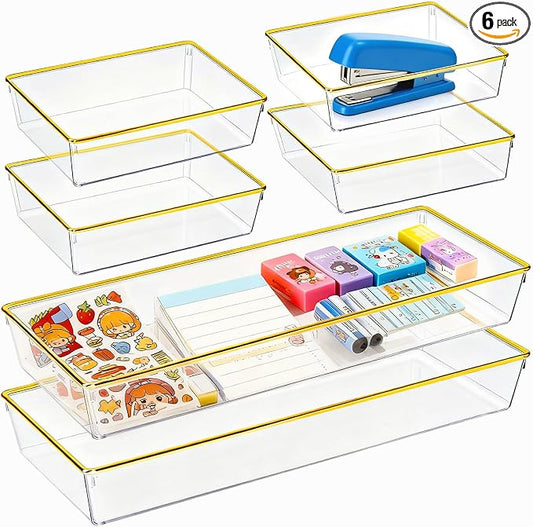 6 Pack Large Size Clear Stackable Drawer Organizer Trays, Gold Rim Makeup Drawer Storage Tray Divider, Desk Storage for Makeup, Jewelry, Bathroom, Stationary, Kitchen Utensils and Office Desk
