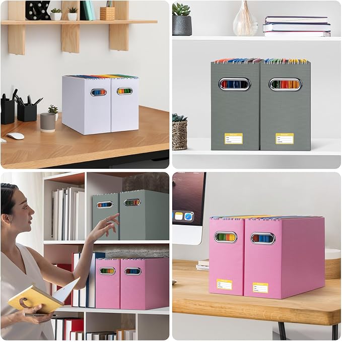 BALEINE File Organizer Box, Cardboard File Folder Organizer with Handle for Letter Size, Portable Collapsible Hanging Filing Box for Home Office Document Storage (2 Pack, Grey)