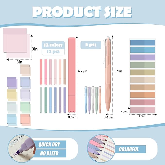 Jutom 39 Pcs Aesthetic Book Annotation Kit Highlighter with Pencil Case Bag Gel Pen Transparent Sticky Note Taking Bible Study College School Supplies(Light Blue,Cute Style)