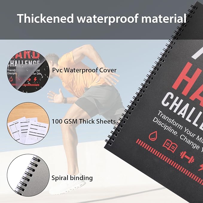 75 Hard Challenge Book, All-in-One Daily Progress Journal, Fitness Hydration Sleep Tracker, Thick Paper & Waterproof Spiral Planner for Home Gym Outdoor Use