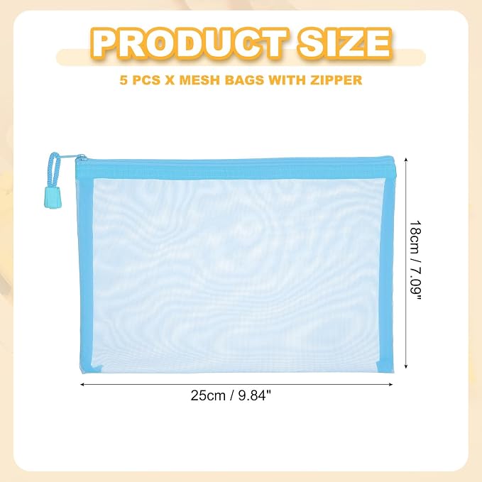 PATIKIL A5 Mesh Zipper Pouch Bags, 5 PCS Mesh Bags with Zipper Plastic Storage Pocket for Organizing File Beads Office Home Supplies, 18x25cm, Sky Blue