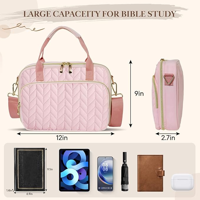 Bible Cover Case for Women, Large Qilted Bible Case with Shoulder Strap,Study Supplies and Highlighters Accessories - Perfect Christian Gift for Church, Travel (Pink,one Size)