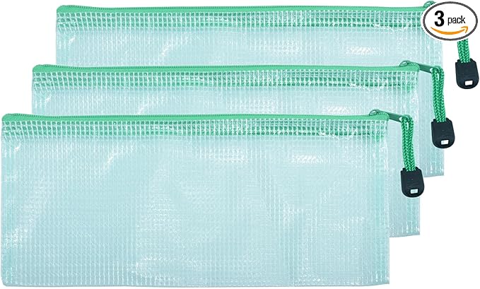 3 Pcs 4.13" x 9.25" Bills Sizes Mesh Zipper Pouch Bags, Mesh Bags with Zipper，Waterproof Clear document pouch for Organization Puzzles Travel, Office, Classroom Organization, Bills Green