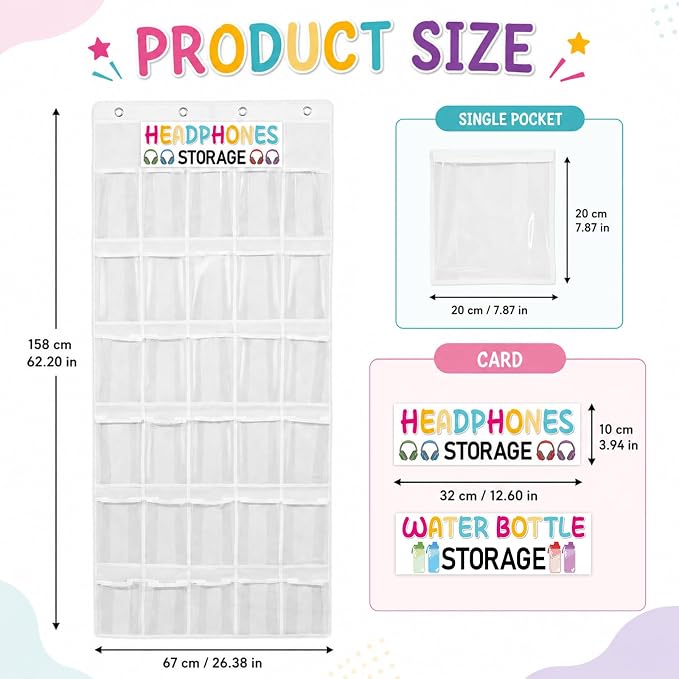 Classroom Headphone Storage Organizer Over the Door Hanging Headphone Storage Bag 30 Clear Organizer Holder Pockets with 2 Stickers 4 Hooks for School Cell Phone Calculators Organization Supplies