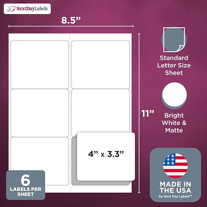 NextDayLabels 4x3.33 Inch Rectangle Stickers White Blank Labels for Laser Inkjet Printer - 6 Per Sheet Self-Adhesive Shipping Address Mailing Made in USA - 6,000 Labels