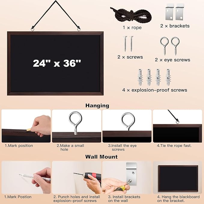 Comix Magnetic Chalkboard, 24 x 36 Inches Wooden-Framed Blackboard, Hanging Chalk Board for School Office Home and Restaurant Menu