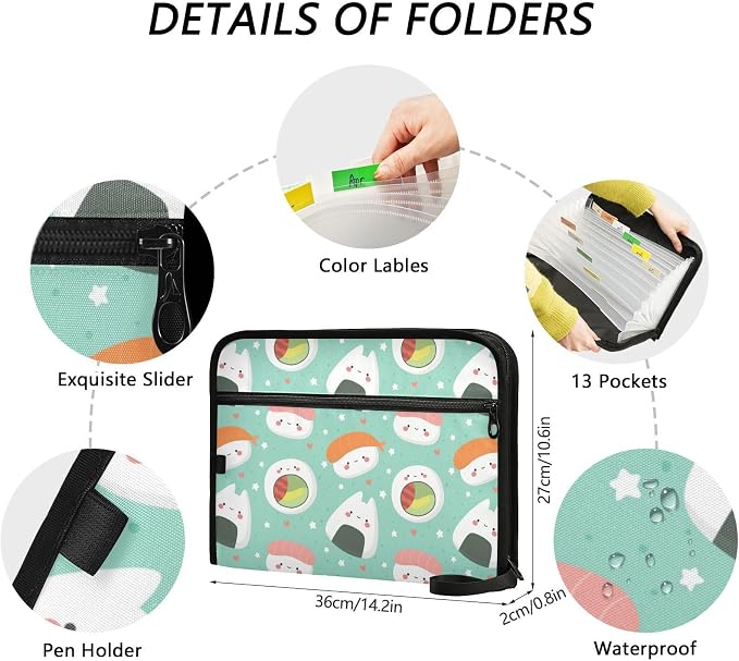Kawaii Sushi 13 Pockets Expanding File Folder with Sticky Labels Accordion File Folder Document Organizer Letter Size A4 Papers Expandable File Keeper