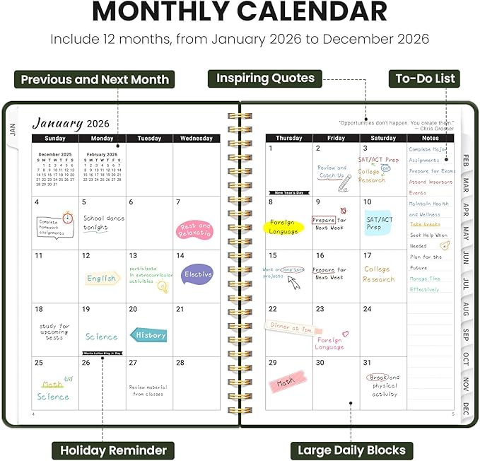 2026 Planner - Weekly and Monthly Planner, January 2026 to December 2026, Spiral Bound 2026 Calendar Planner Book, Inner Pocket, Perfect for Office Home School Supplies - A4 (8.5" x 11"), Dark Green