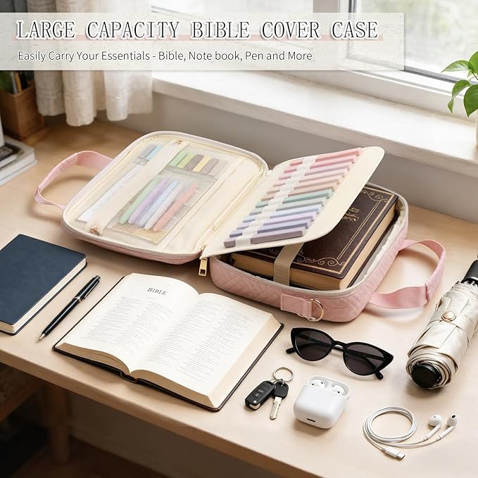 Bible Bag for Women, Large Bible Cover Case with Study Supplies,Girls Carrying Case with Highlighters, Pens, Bible Tabs, Sticky Notes, Christian Gifts for Girls, Mom, Easter Mothers Day Religious Gift