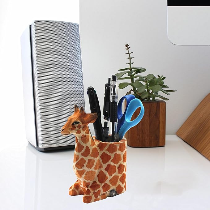 TANG SONG Creative Wood Carving Giraffe Handicrafts Pen and Pencil Holder Office Desk Supplies Organizer Pencil Cup