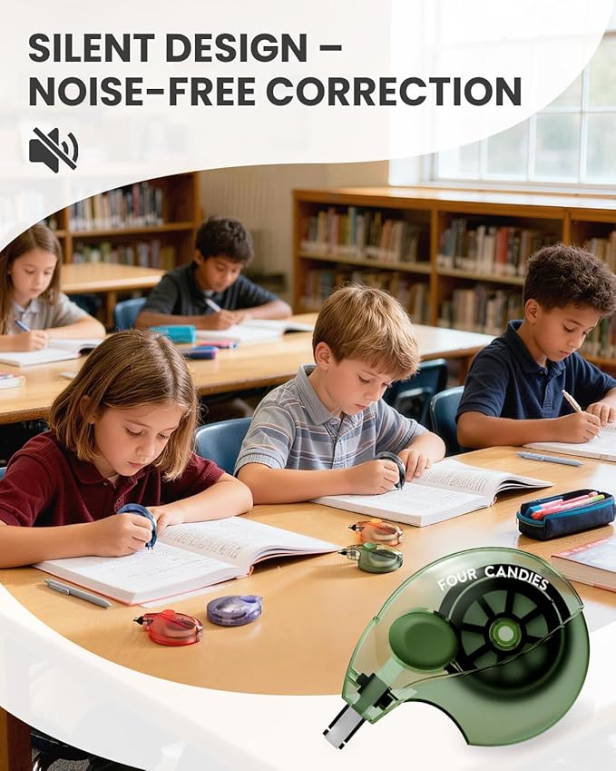 Four Candies Silent Correction Tape, White Correction Tape 12 Pack, 26.2ft, Ergonomic Easy-to-Use Applicator,Fast Clean Instant Corrections, Smooth High-Opacity Tear-Resistant Office & School Supplies