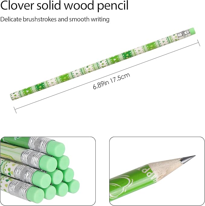 St. Patrick's Day Pencils, Green Shamrock Theme, Natural Wood HB Graphite Pencils with Eraser for Writing & Drawing, Classroom Party Favors (36 Pcs)