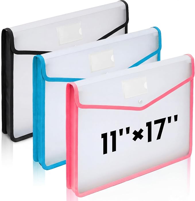AmazingSpark 3 Pcs 11 x 17 Inch Expandable Tabloid Size Document Folder Organizers with Snap Closure & Label, Clear Plastic Expanding File Folder for A3 Ledger Size Plots Charts (Mix Colored)