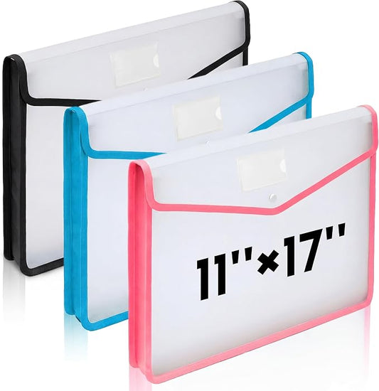AmazingSpark 3 Pcs 11 x 17 Inch Expandable Tabloid Size Document Folder Organizers with Snap Closure & Label, Clear Plastic Expanding File Folder for A3 Ledger Size Plots Charts (Mix Colored)