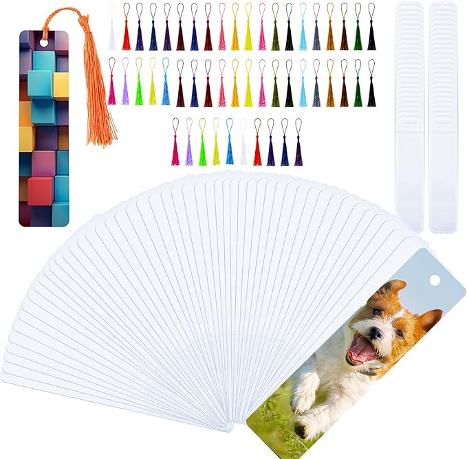 50 Sets Sublimation Blank Bookmarks, DIY Blank Aluminum Metal Bookmarks with Clear Bookmark Sleeves Tassels and Self-Sealing Bags for Crafts Birthday Reading Back to School Supplies