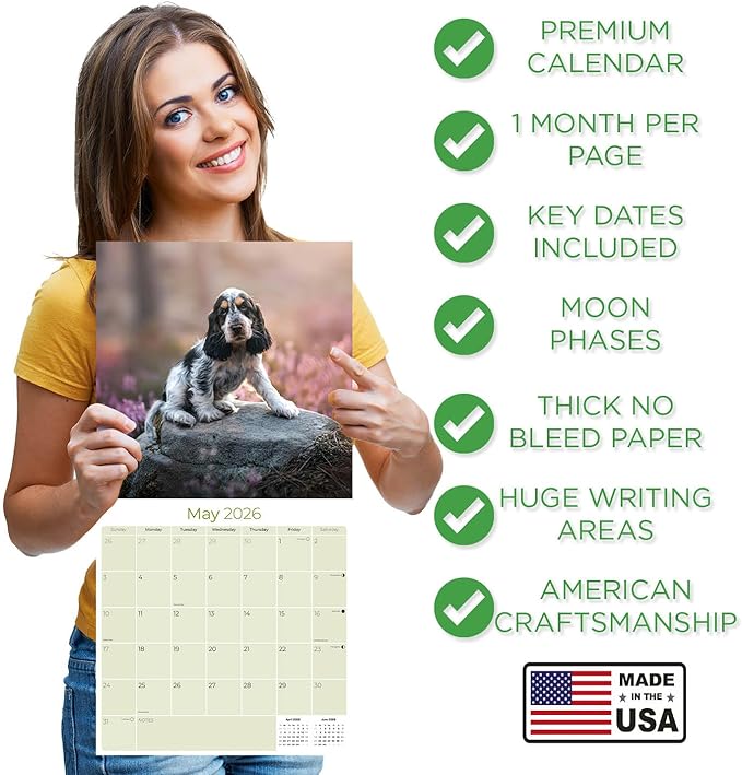 Cocker Spaniel Pups Calendar 2026 by MegaCalendars – Monthly Dog Breed Wall Calendar, Made in USA