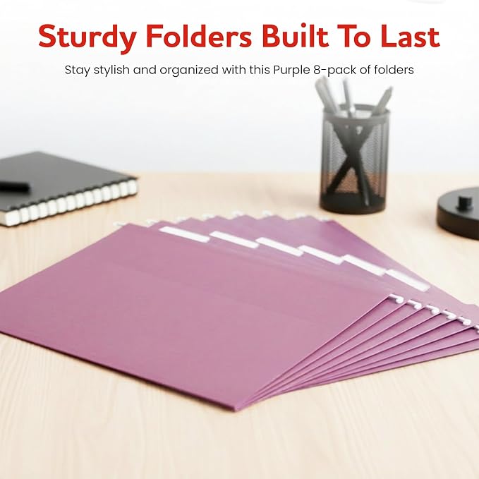 Purple Hanging File Folders – 8 Pack, Letter Size File Organization Folders for Home, Office, School & Filing Cabinets