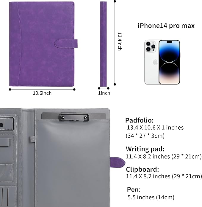 Wason Portfolio Padfolio A4 Leather PU Folder File Document Holder Case with Writing Pad Removable Clipboard Card Stationary Case Phone Tablet Stand for Organizer Office Travel School (Purple)