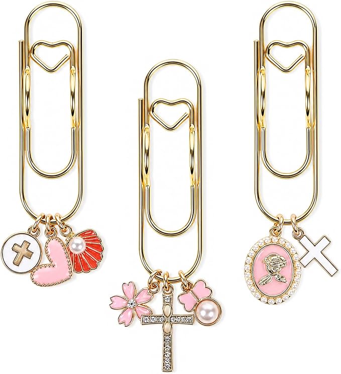 Wxiben Bible Paper Clip Bookmark - 3 Pcs Faith Metal Paperclip Pen Holder Book Mark with Charms Page Marker Planner Decorative Paper Clips Faith Gifts for Women Reading Book Lovers Accessories
