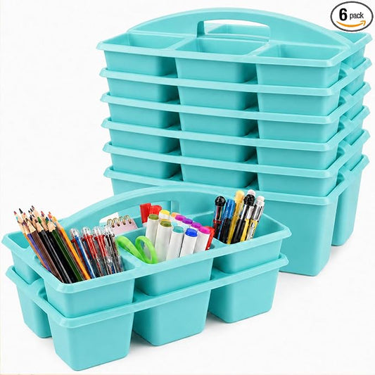 gisgfim 6 Pack Plastic Classroom Caddy with 6-Compartments Plastic Storage Caddies with Handle 6 Compartments Table Caddy Organizer Versatile Table Caddies for Classroom Office Storage, Lake Blue