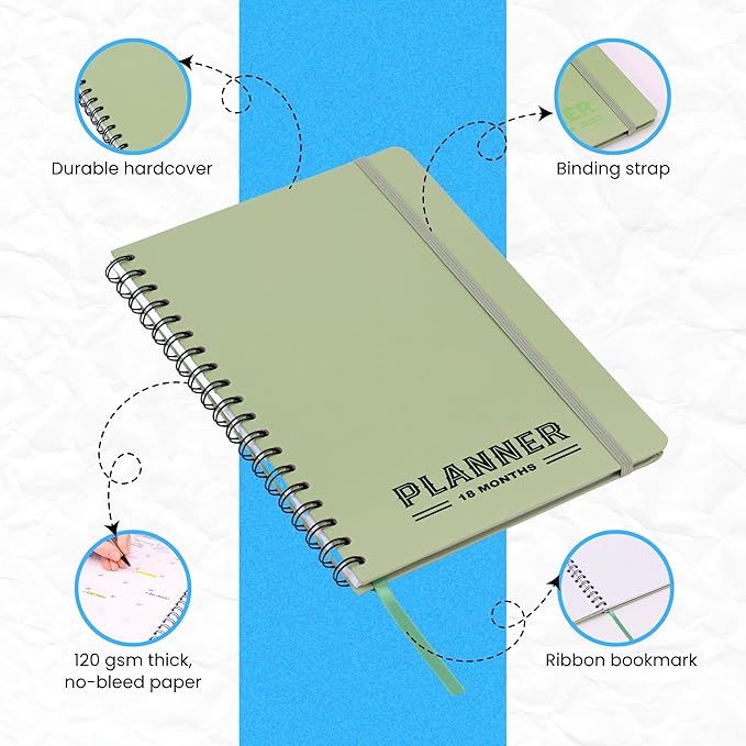 Undated Monthly Planner 2026 2027-18 Month Calendar Planner Book for School, Office and Home - Simplified Hardcover Blank Planners for Goals, Tasks and Dates - B5 Green