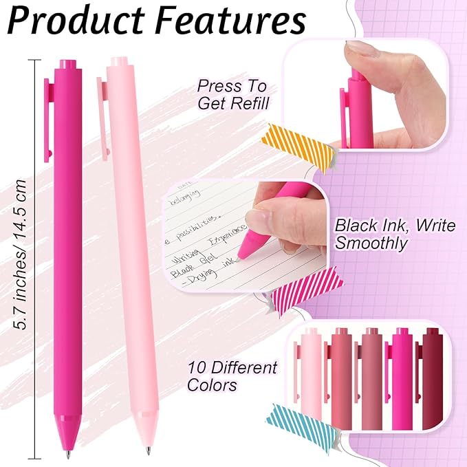 Crtiin 30 Pcs Gel Pens Bulk, 0.5mm Fine Point Black Ink Pens, Retractable Smooth Writing Quick Dry, Colored Aesthetic for School Office Journaling Teacher Appreciation Mother Day (Pink Series)