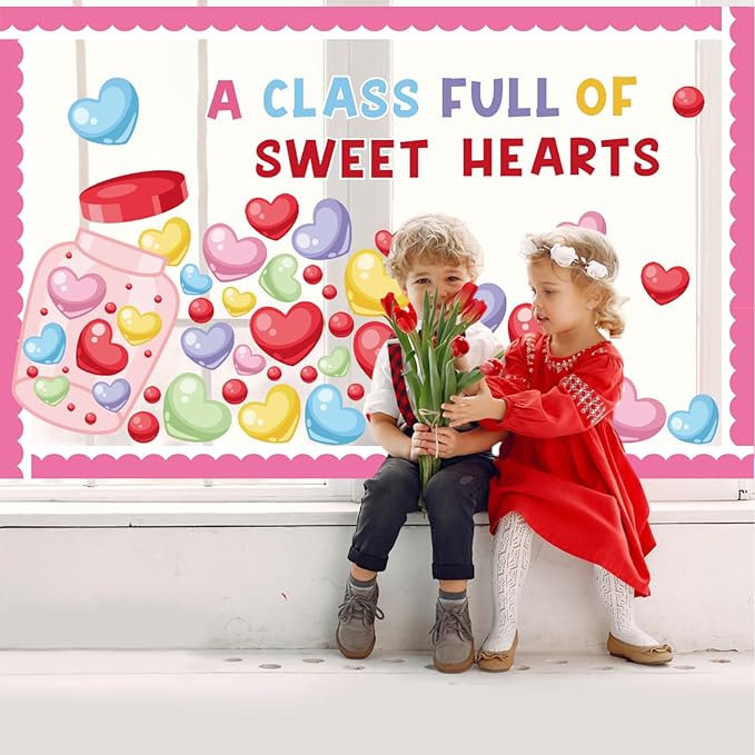 88Pcs Valentine‘s Day Bulletin Board Set Pink Heart Bottle Classroom Decorations Conversation Heart Paper Cutouts for Romantic Classroom Home Window Door Wall Decorations Party Supplies