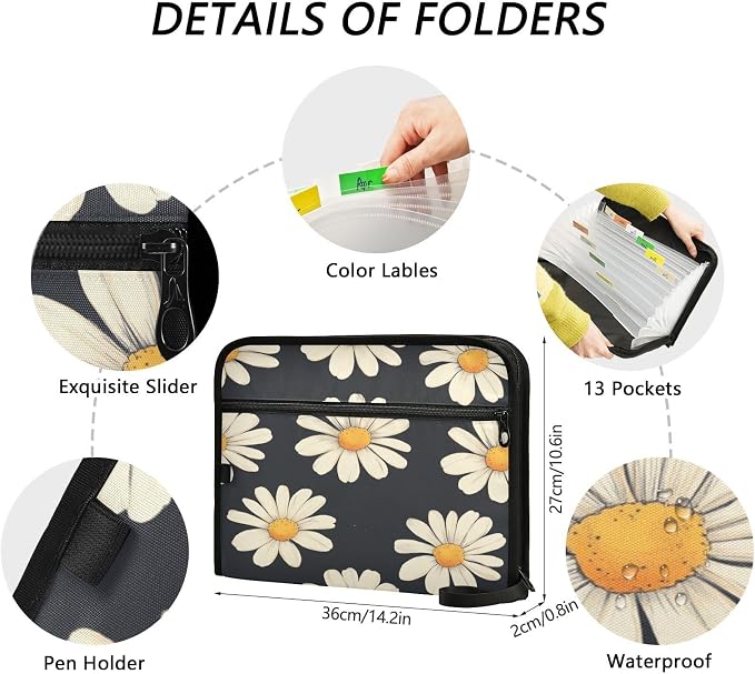 Black Daisy Corn Poppy Accordion File Organizer Expanding Document Folder with 13 Pockets Portable File Folder for A4 Letter Size