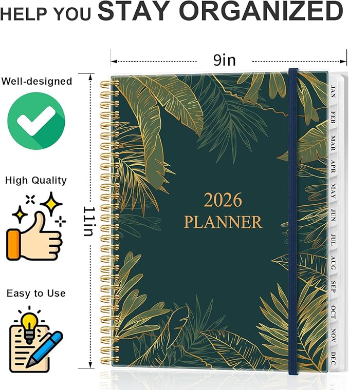 Planner 2026 - Weekly & Monthly Planner from January 2026 to December 2026, Agenda 2026 with Inner Pocket, Elastic Band, 8.5" x 11", Green Gold Leaf