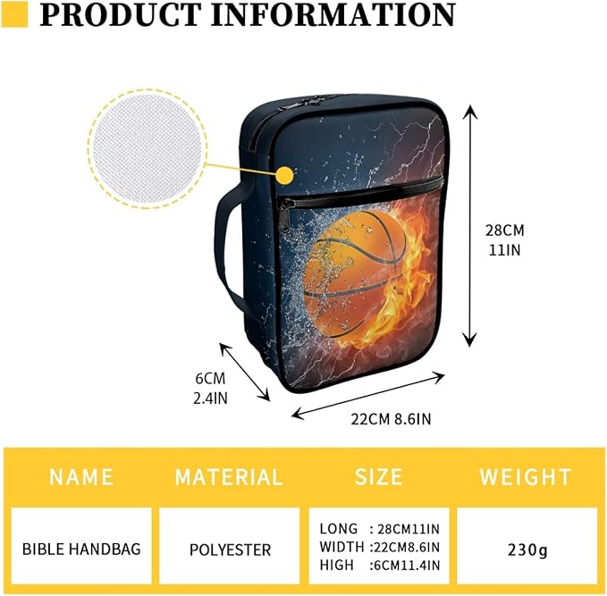 Coldinair Fire Water Basketball Print Bible Case for Men Boys Teens,Bible Cover Bags Carrying Book Case Church Bag Bible Protector with Handle and Zippered Pocket