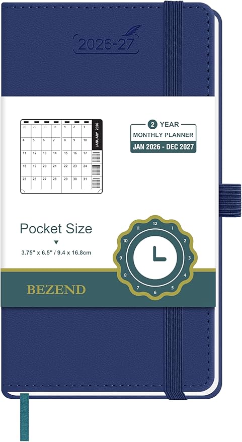 BEZEND Pocket Monthly Planner 2026-2027 (3.5" x 6.5") 2 Year Calendar Book for Purse with Note Pages, 100 GSM Paper, Inner Pocket, Pen Holder, Vegan Leather Hardcover in Blueberry