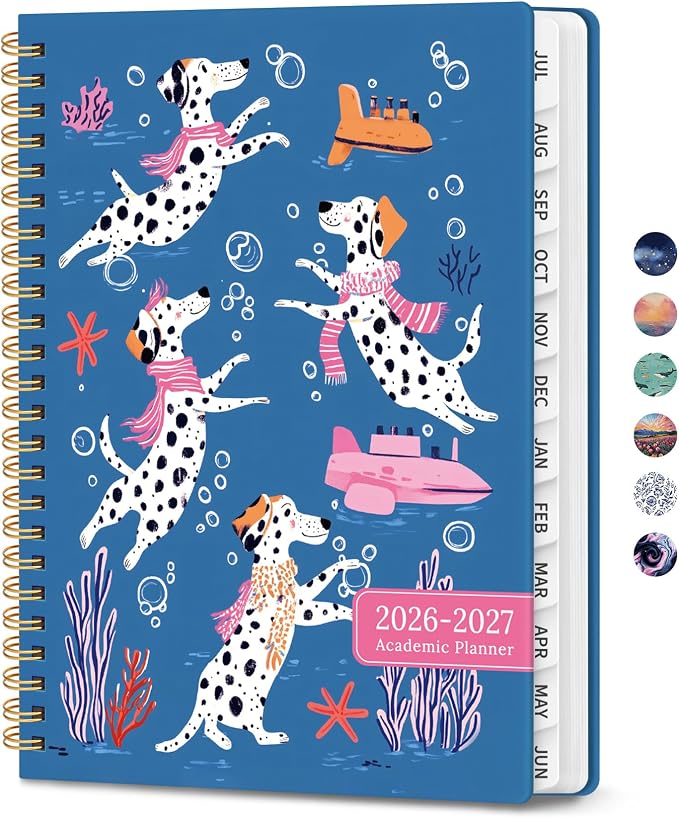 Planner 2026-2027, Monthly and Weekly Calendar Academic Planner July 2026 - June 2027, Hardcover Student Teacher Planning Agenda Book with Tabs, Perfect for Office School Supplies, A5 (6.3" x 8.5") - Submerged Dalmatians