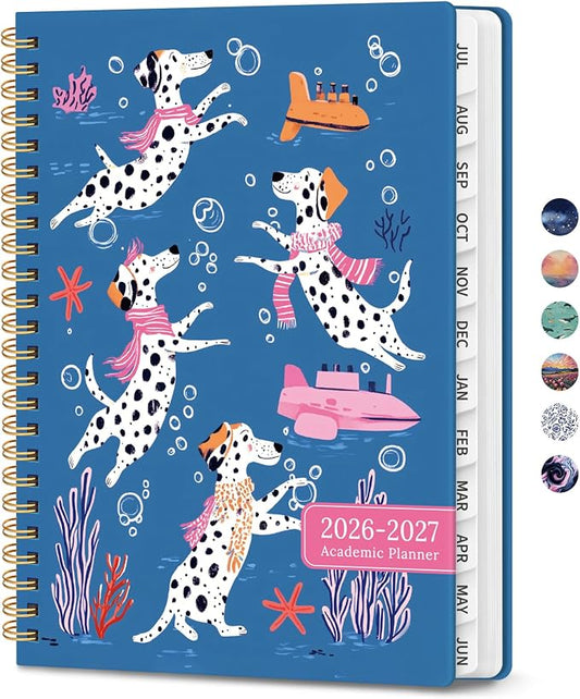 Planner 2026-2027, Monthly and Weekly Calendar Academic Planner July 2026 - June 2027, Hardcover Student Teacher Planning Agenda Book with Tabs, Perfect for Office School Supplies, A5 (6.3" x 8.5") - Submerged Dalmatians