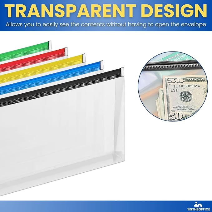 1InTheOffice Plastic Filing Envelopes with Zipper Closure, Moisture Resistant Envelope, Letter Size, Assorted Colors, Check Size (5 Pack)