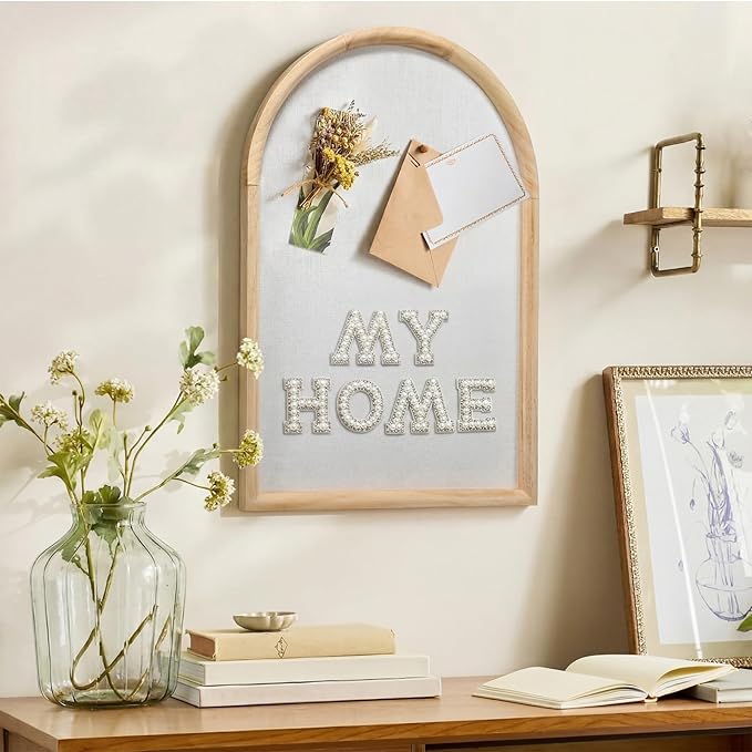 Arch Bulletin Board with Pin Linen Wedding Display Framed Decorative 24x16 Hanging Wood Vision Cork Board for Office Wall School Home Decor, 70 Pearl Studs, 26 Letter Stickers(Natural)